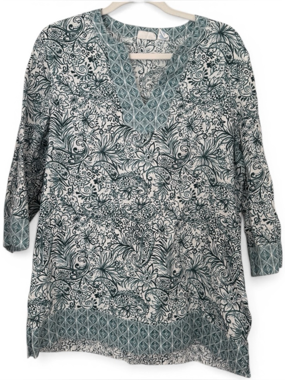 Sigrid Olson 100% Linen Sea Green Botanical Border Print Tunic Large Lagenlook - Picture 1 of 7